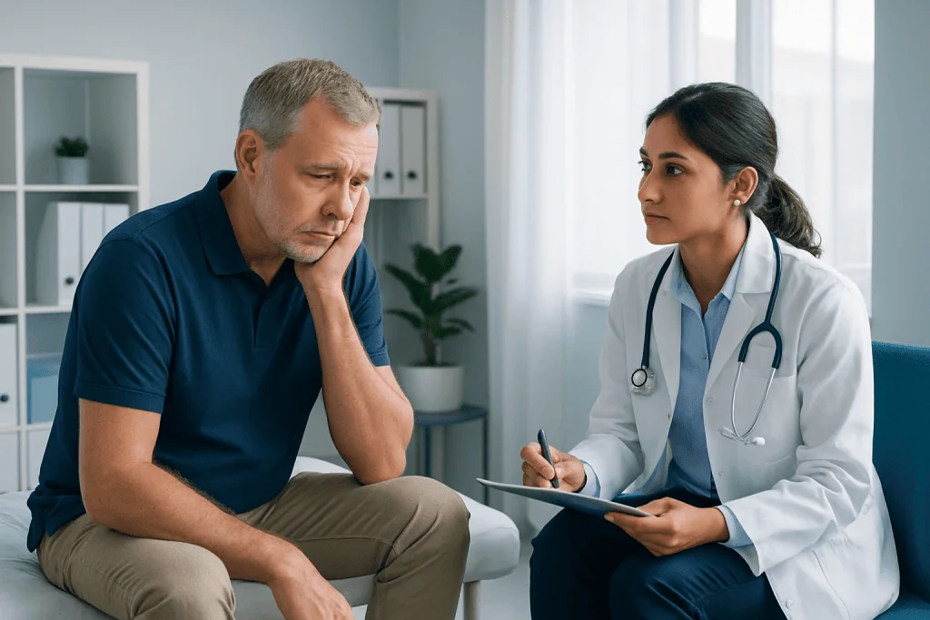 Doctor consulting with an older male patient in a medical office.