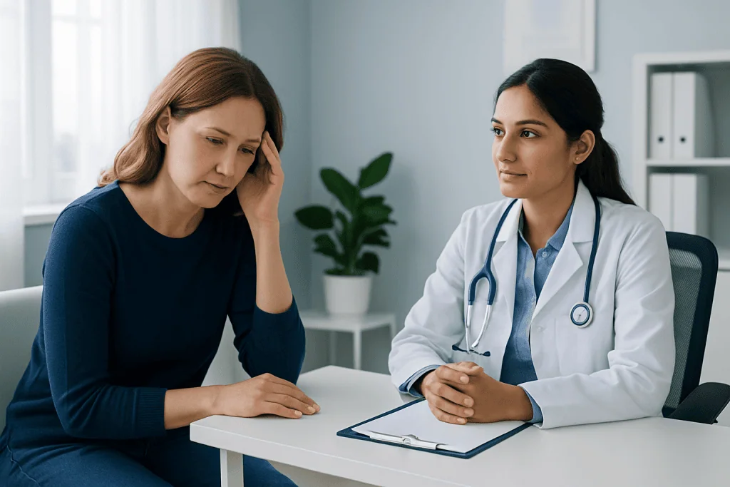 Patient experiencing headache during consultation at Acibadem Hospital.