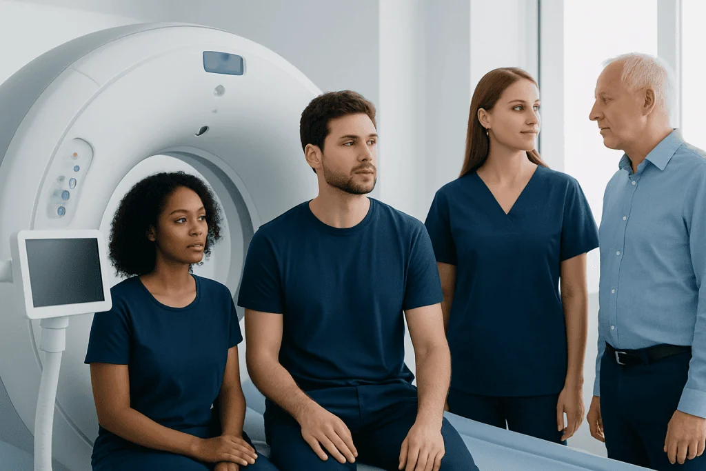 Medical team preparing patient for MRI scan at Acibadem Hospital.