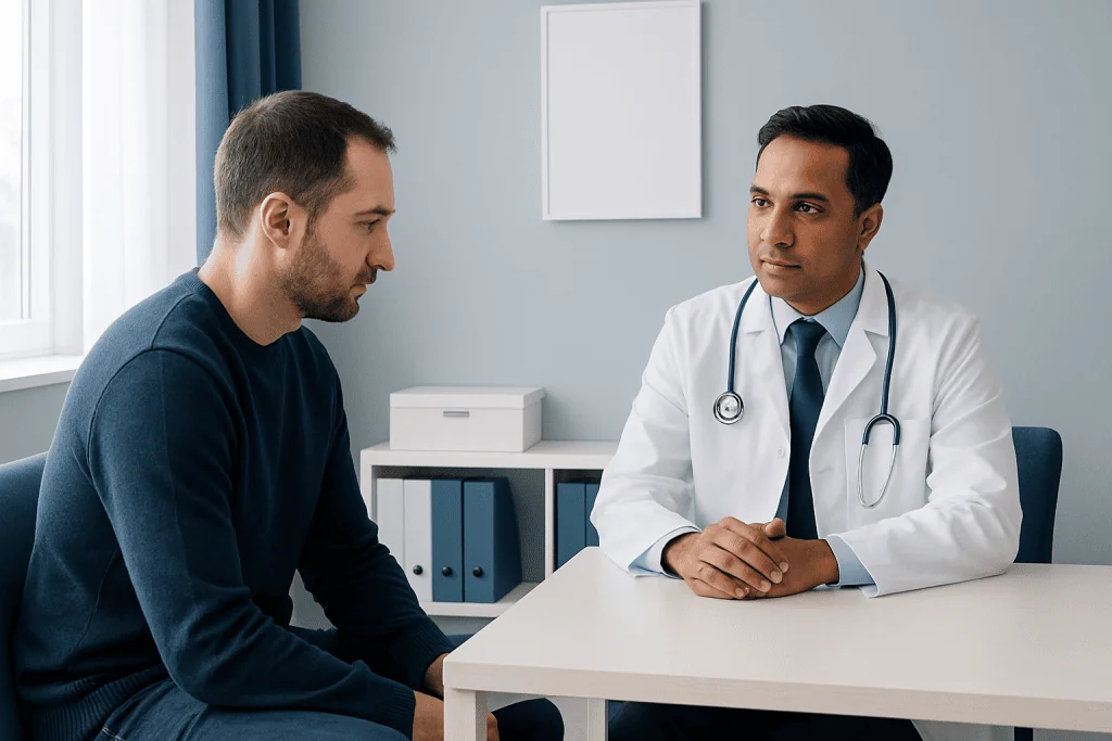 Doctor consulting with male patient in a medical office setting.
