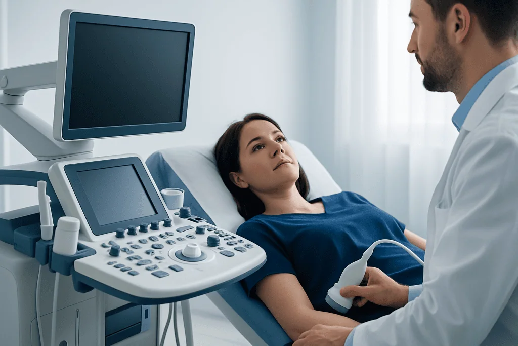 Patient undergoing ultrasound examination in a hospital setting.