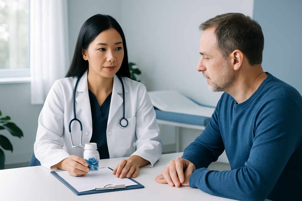 Doctor consulting with male patient in a medical office setting.