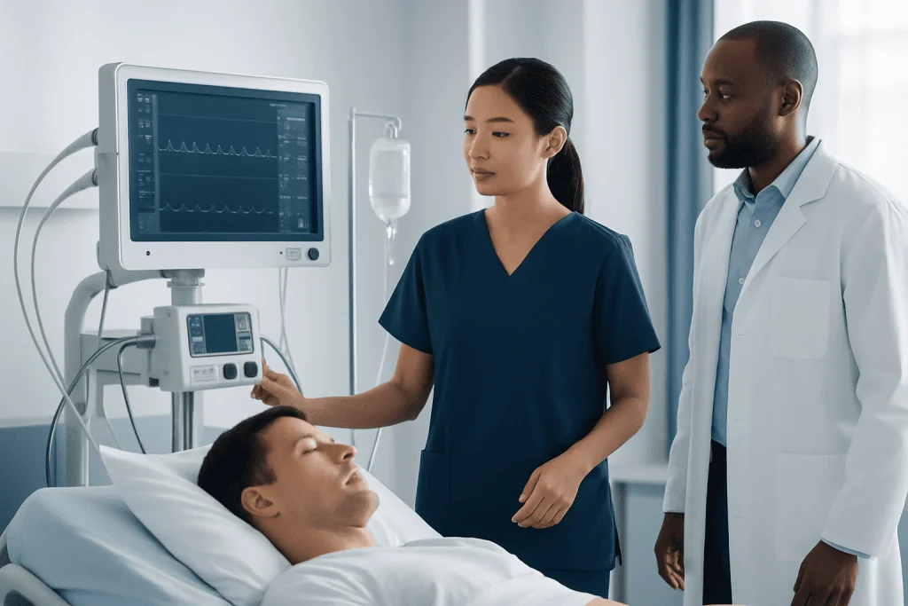 Medical team monitoring patient with vital signs in hospital ICU.