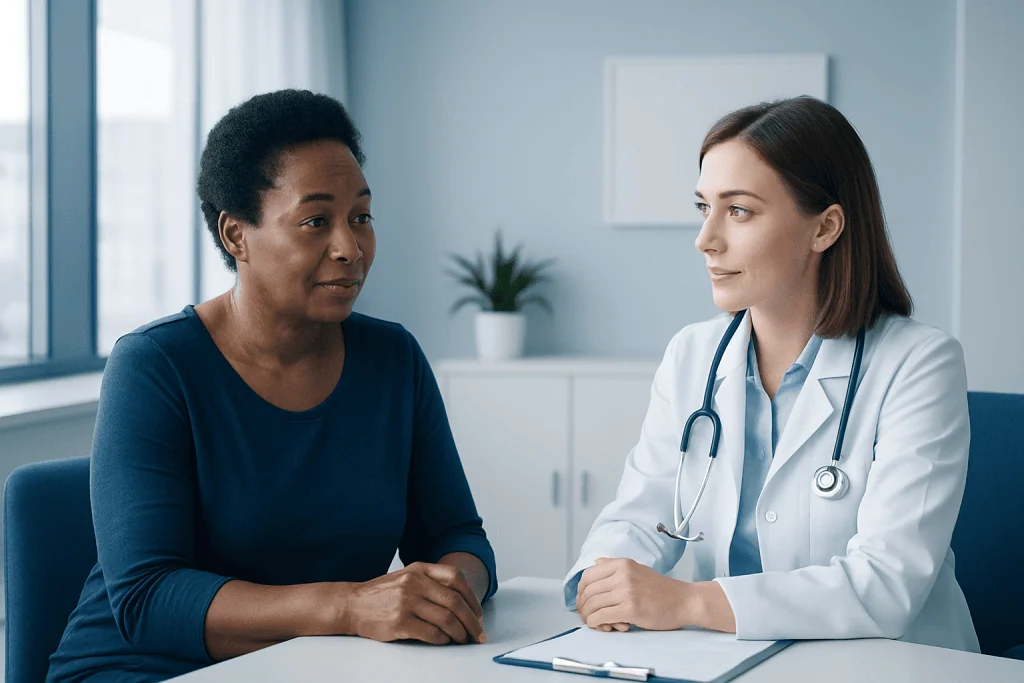 Doctor consulting with a patient in a modern medical office setting.