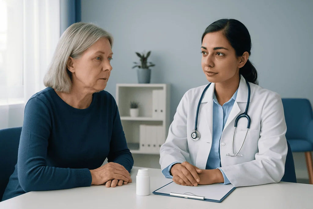 Doctor consulting with an elderly woman in a medical office.