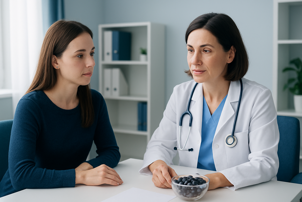 Doctor consulting with a young female patient in a medical office.