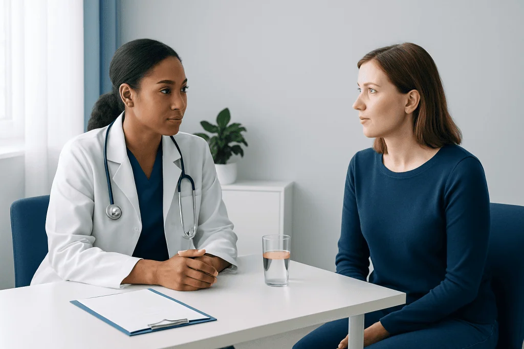 Doctor consulting a patient in a medical office setting.