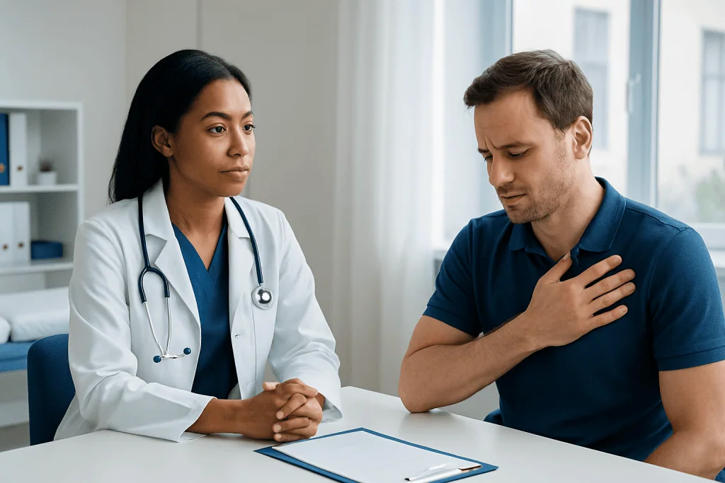 Doctor consulting with patient about shoulder pain in a medical office.