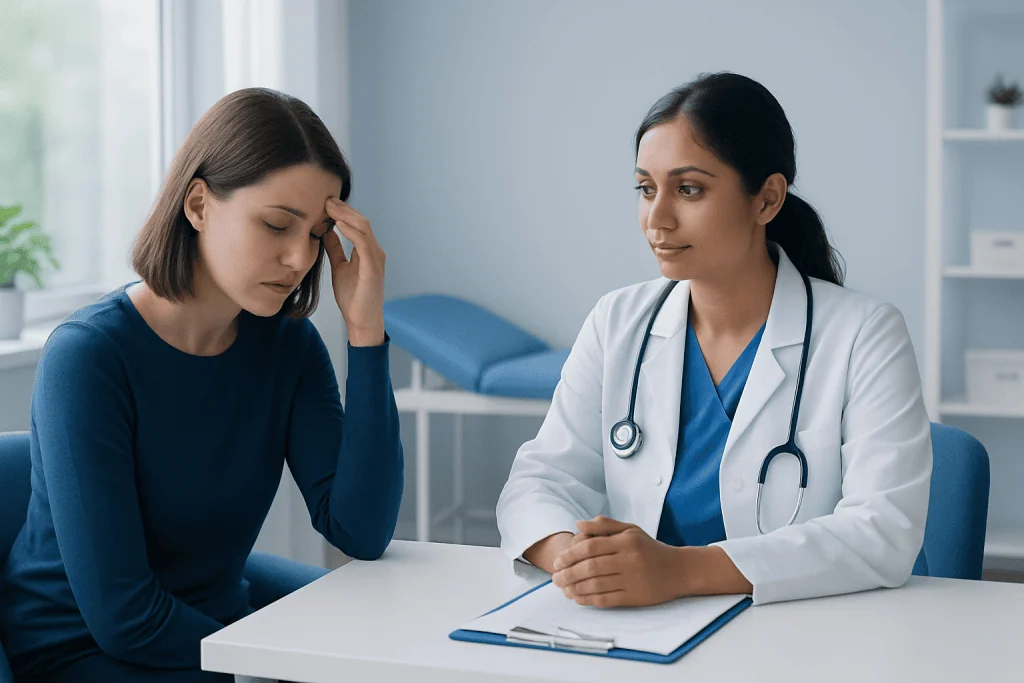 Doctor consulting with a young woman patient in a medical office.