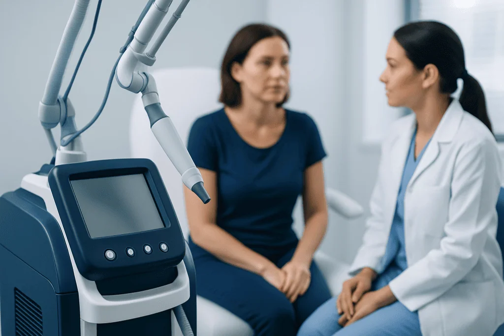 Medical consultation with advanced skin treatment equipment in clinic.