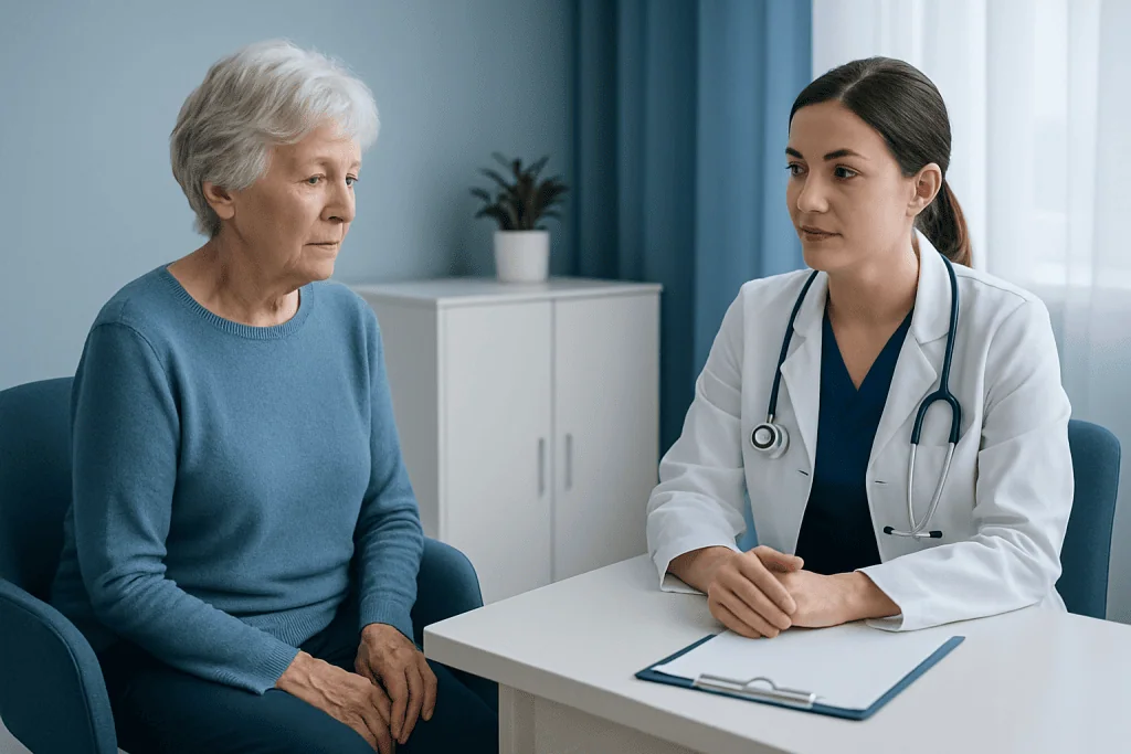 Elderly woman consulting with a doctor in a medical office.