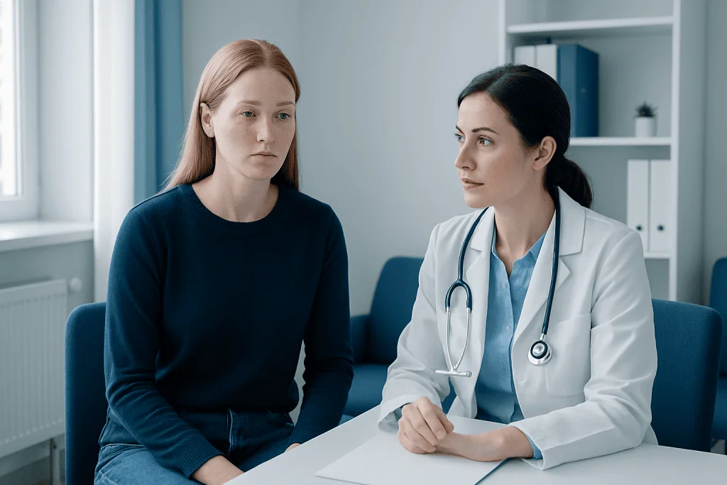 Doctor consulting with a patient about skin lightening treatments.