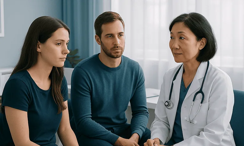 Doctor consulting with young patients in a medical office setting.