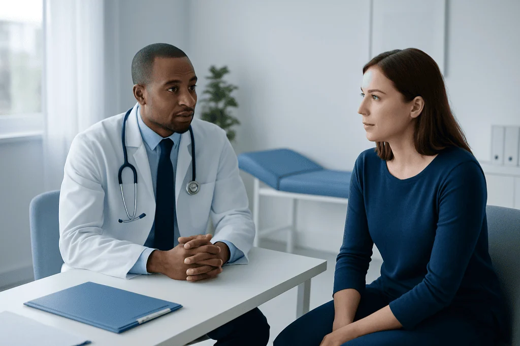 Doctor consulting with a female patient in a medical office.