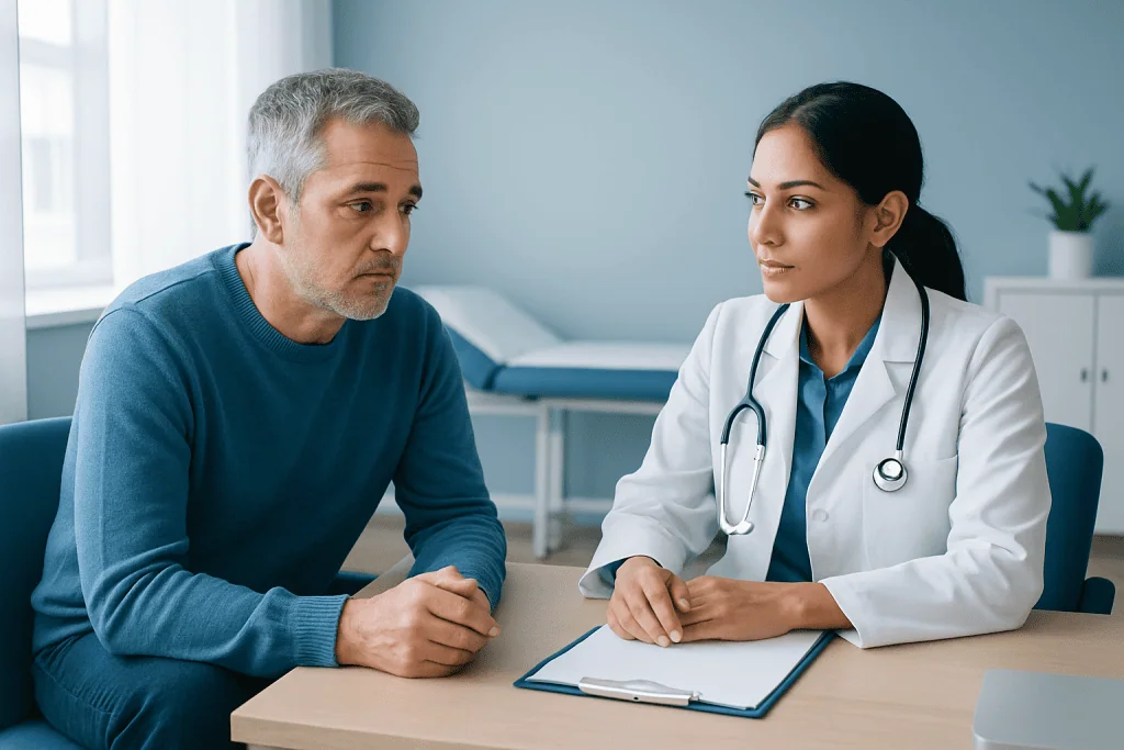 Doctor consulting with middle-aged male patient in a medical office.