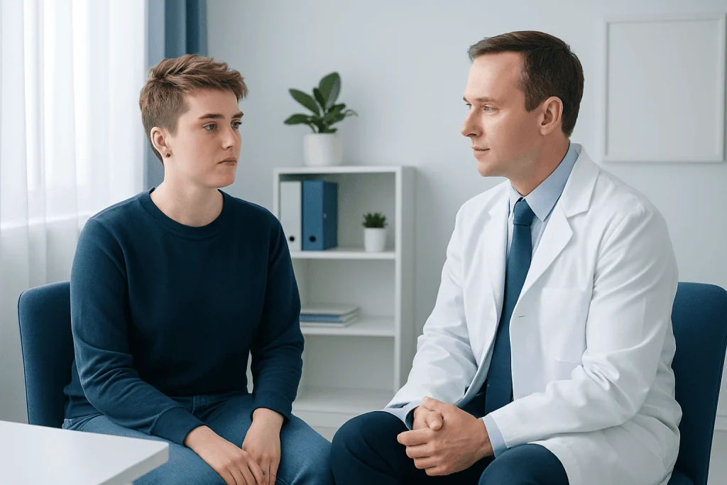 Doctor consulting with a young patient in a modern medical office.