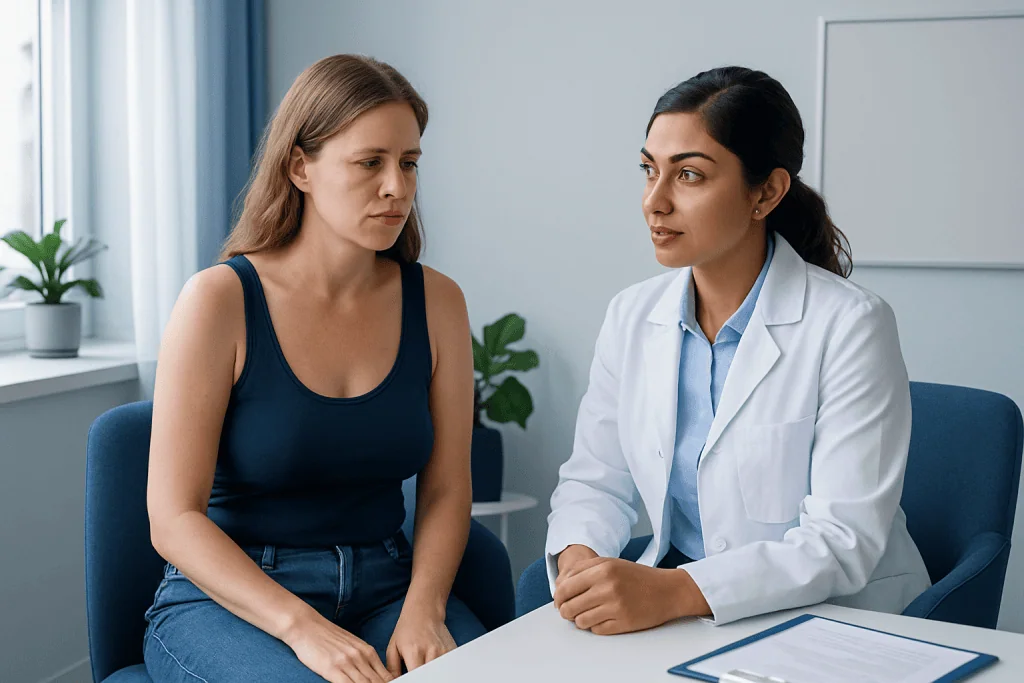 Doctor consulting with a patient about breast health and bra choices.