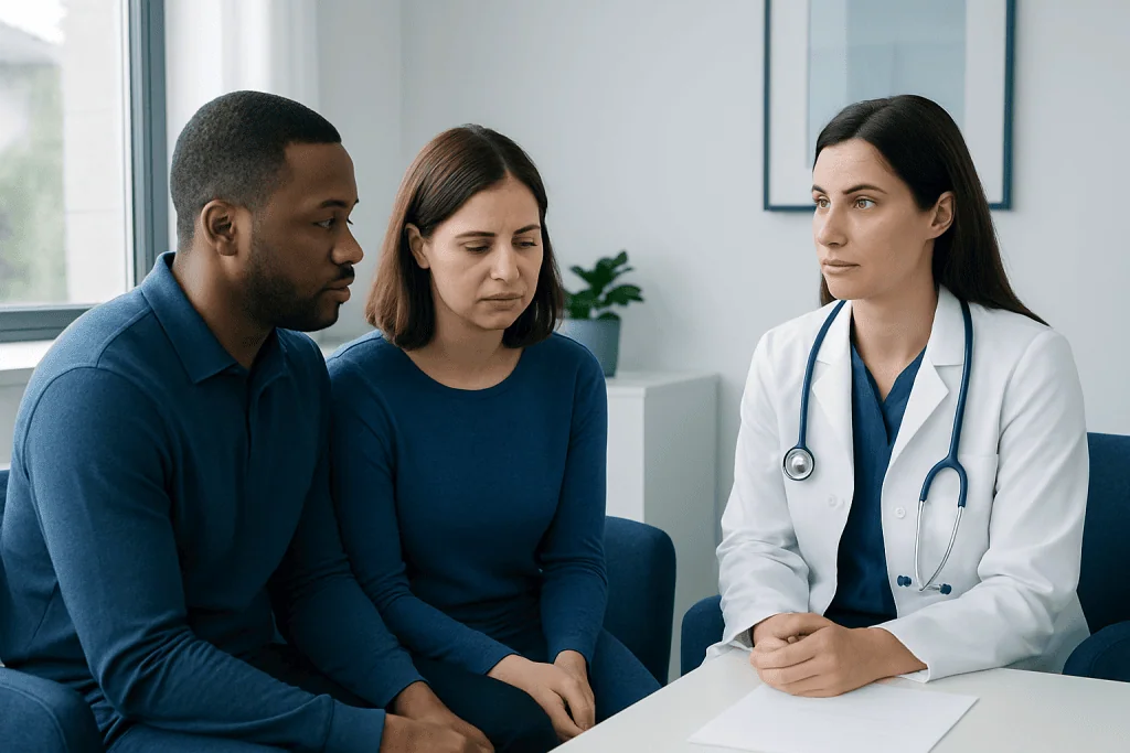 Doctor consulting with a couple about sexual health in a medical office.
