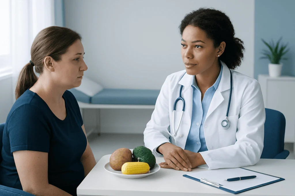 Doctor consulting patient about health in a clinical setting.