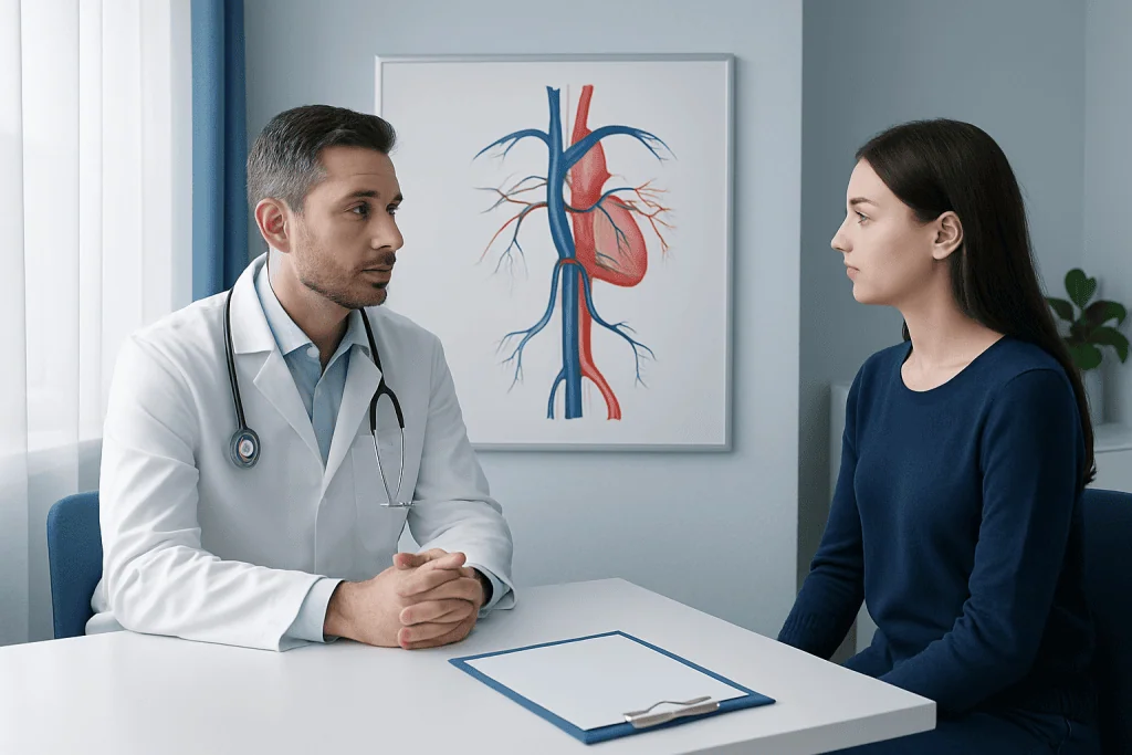 Doctor consulting patient about azygos vein with medical diagram in background.
