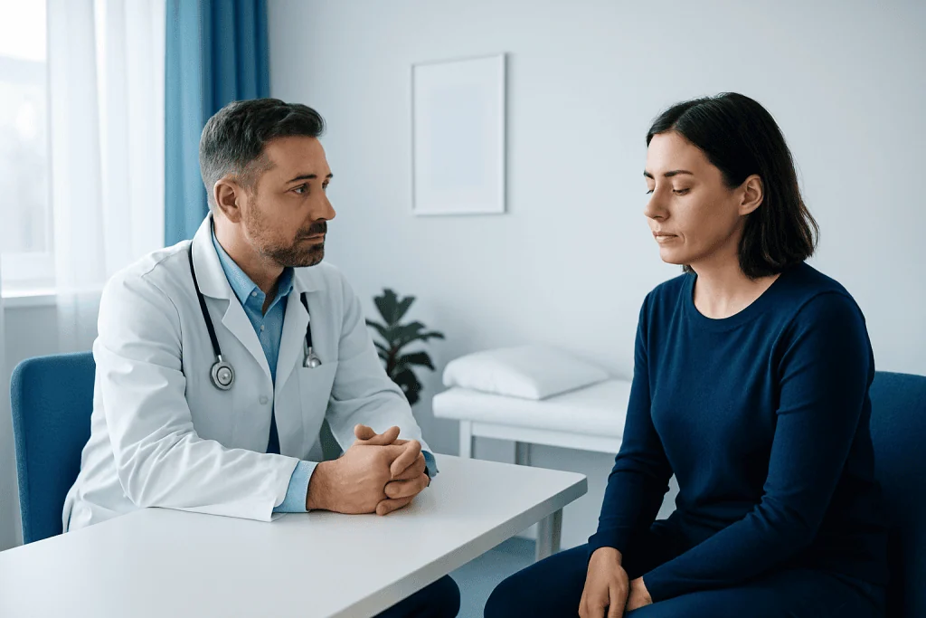 Doctor consulting with a patient about breathing issues in a clinic.