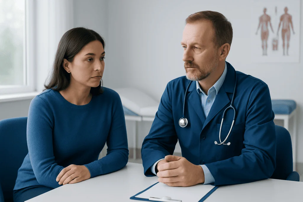 Doctor consulting with a female patient in a medical office.