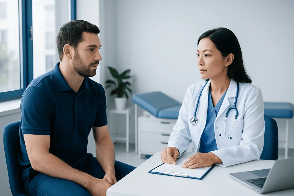 Doctor consulting with a male patient in a modern clinic setting.