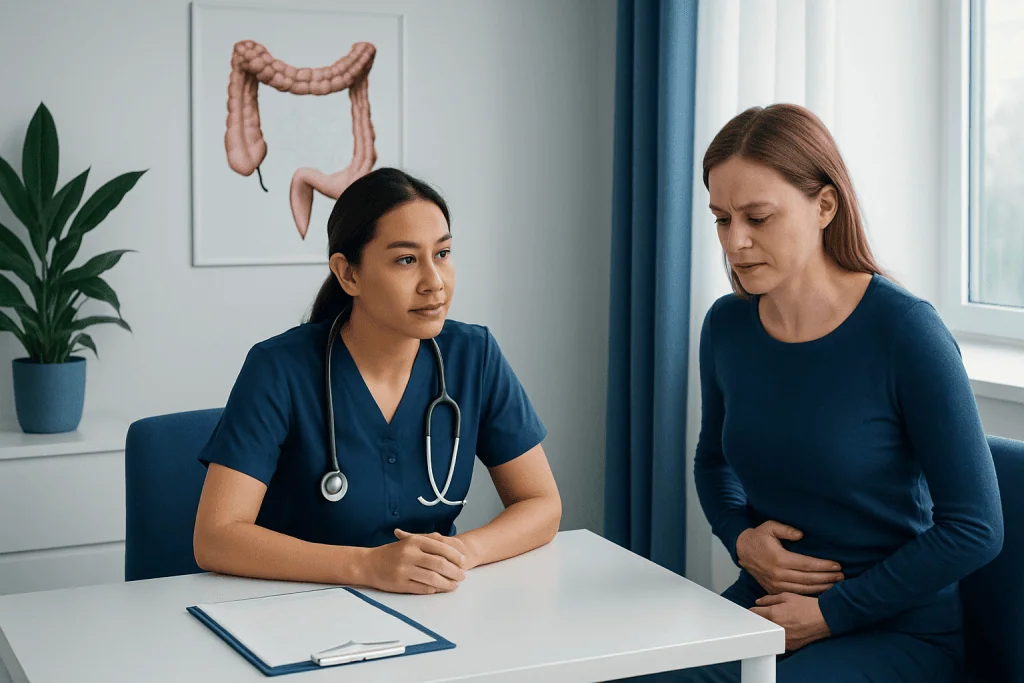 Doctor consulting patient about sigmoid colon health in a medical office.
