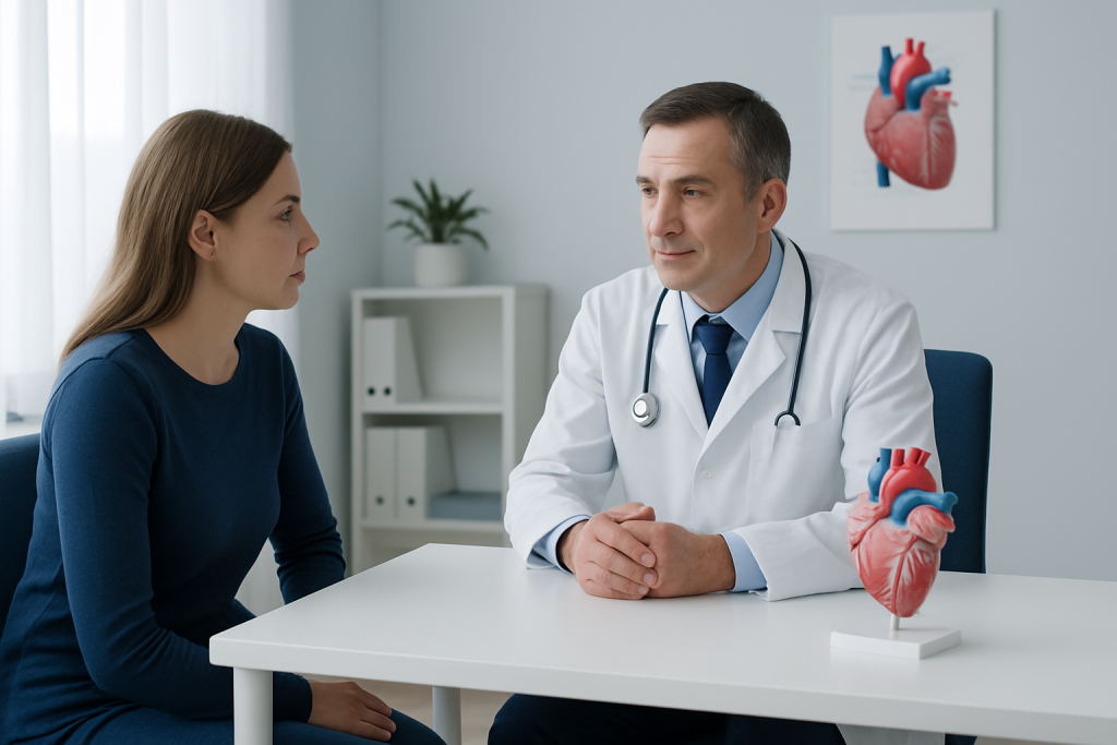 Doctor explaining heart health to a patient in a clinic setting.