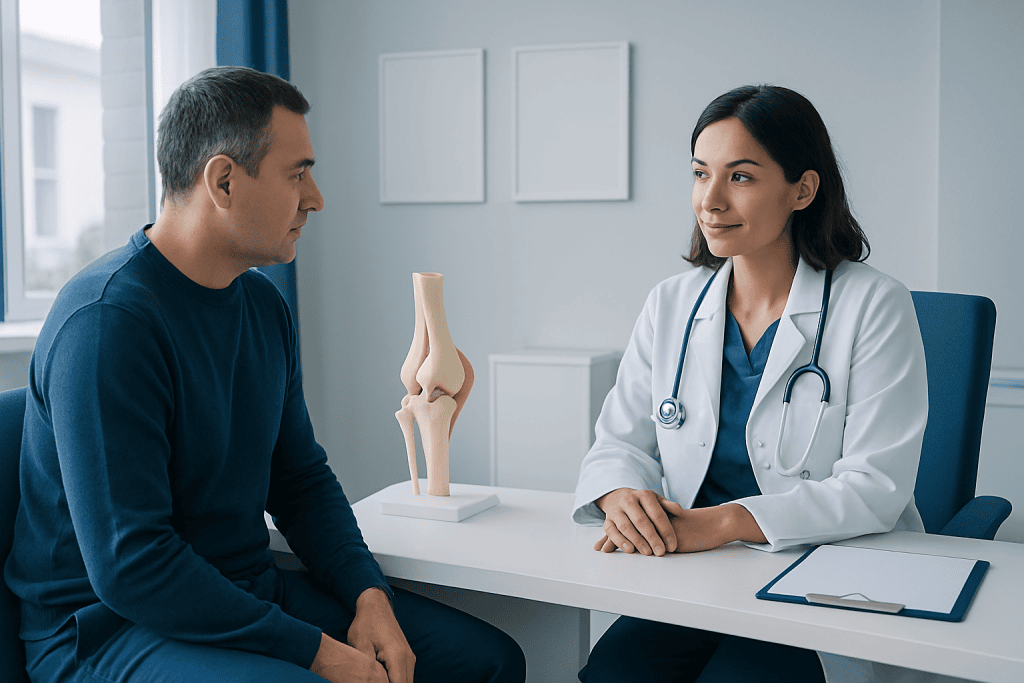 Doctor consulting with patient about knee joint in clinic setting.