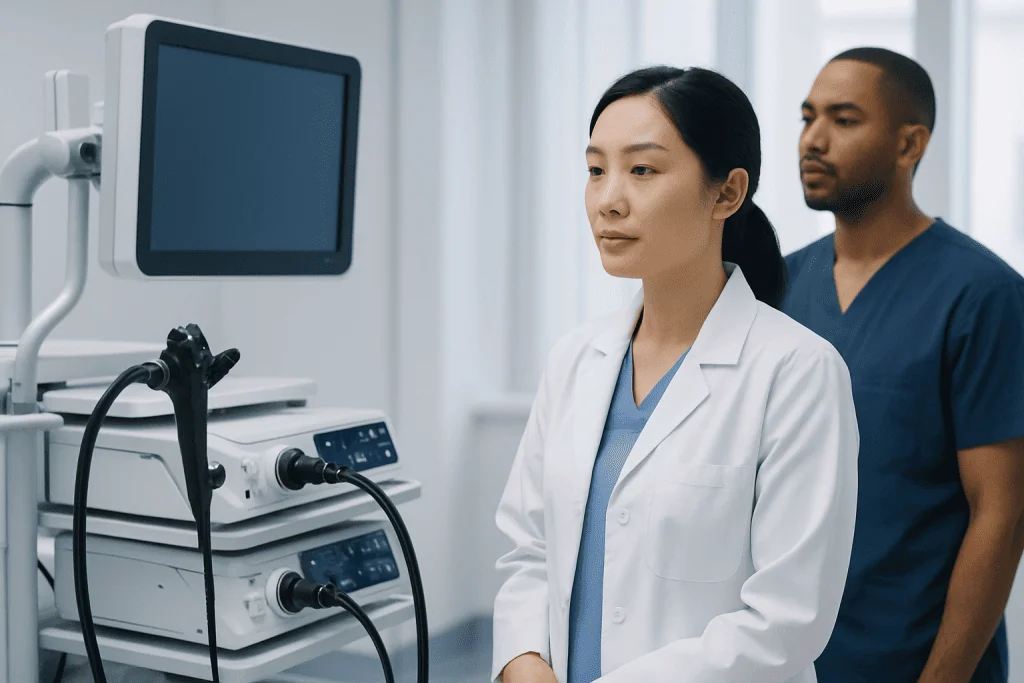 Medical professionals using ultrasound equipment in a hospital setting.