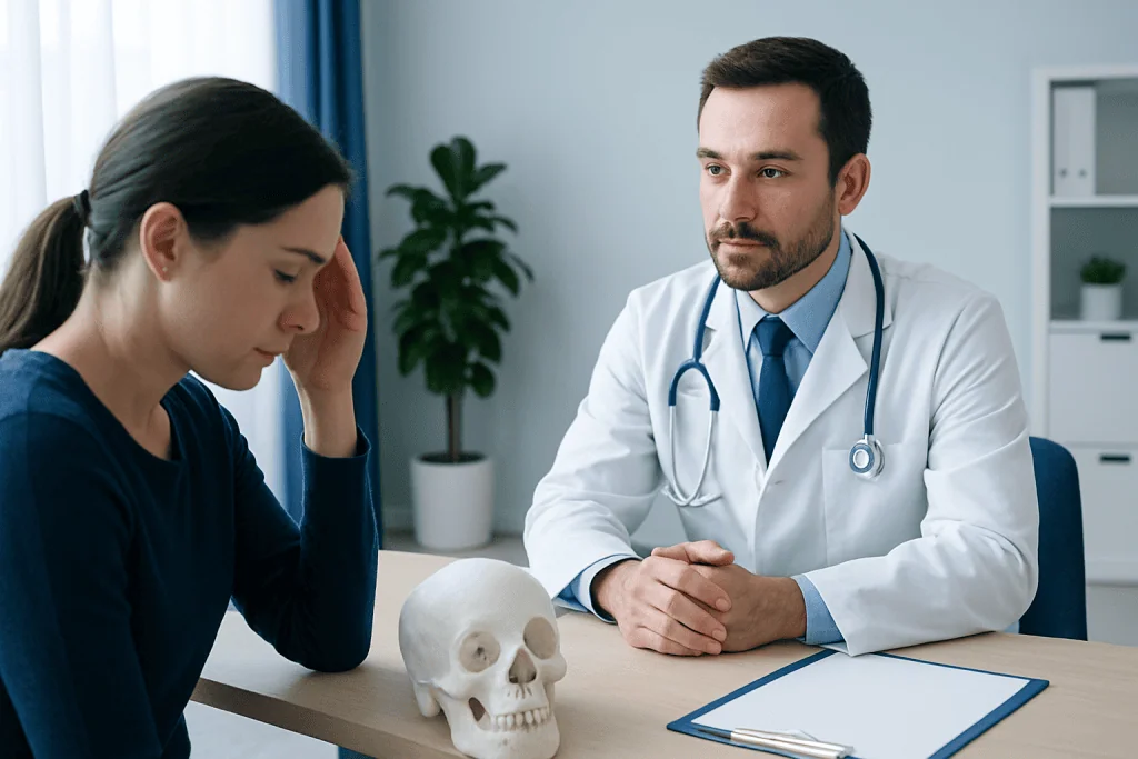 Doctor consulting with patient about skull and brain health at Acibadem Hospital.