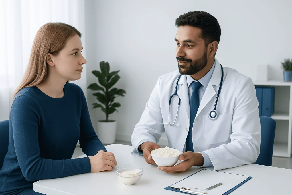 Doctor consulting with a young woman about dietary options in a medical office.