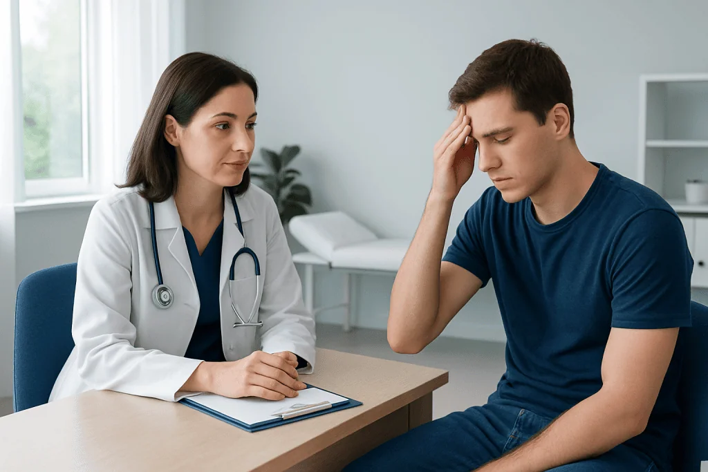 Doctor consulting with a young man experiencing headache or stress.