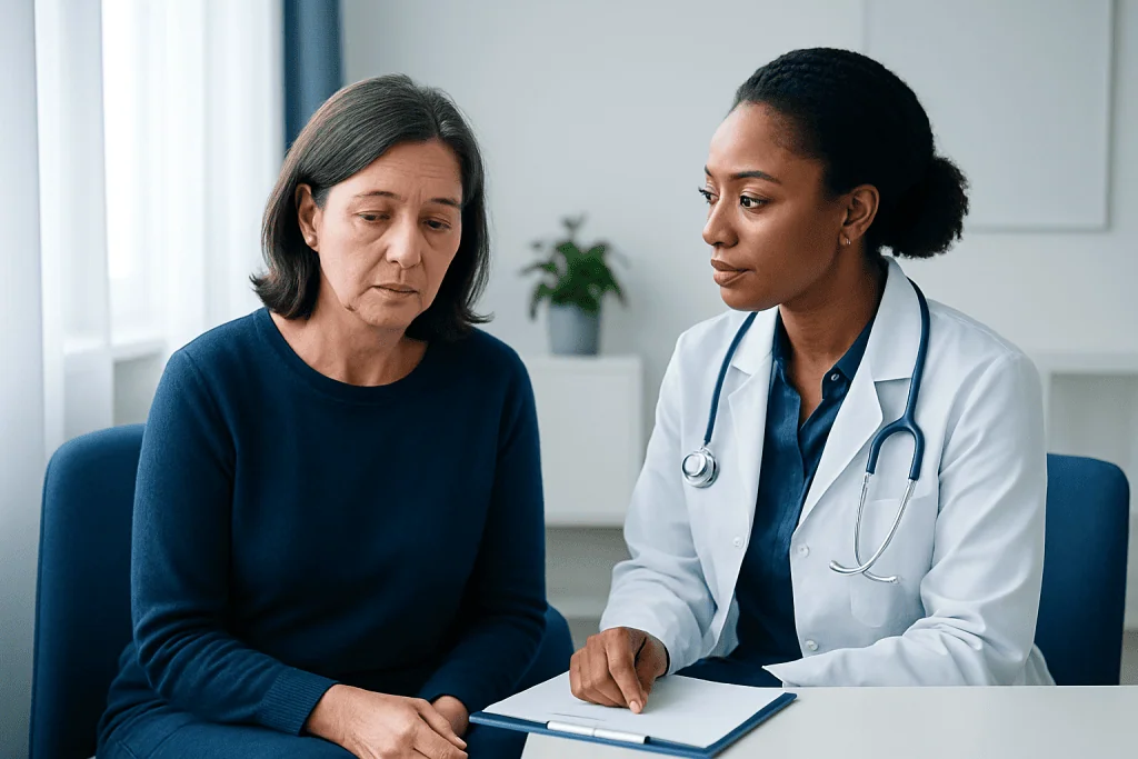 Doctor consulting with a female patient in a medical office.