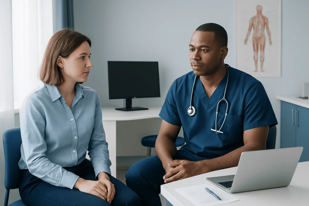 Doctor and patient discussing health data in a medical consultation room.