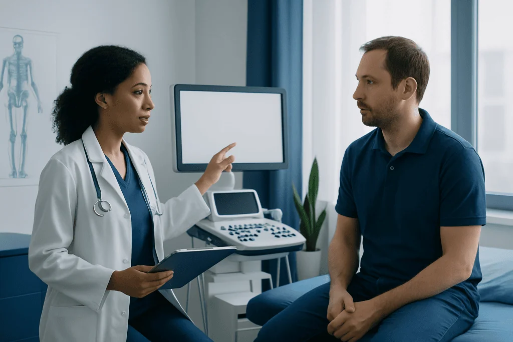 Doctor consulting with patient in a modern hospital room.