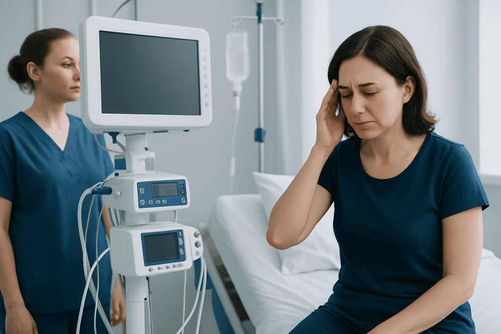 Patient experiencing headache in hospital room with medical equipment nearby.