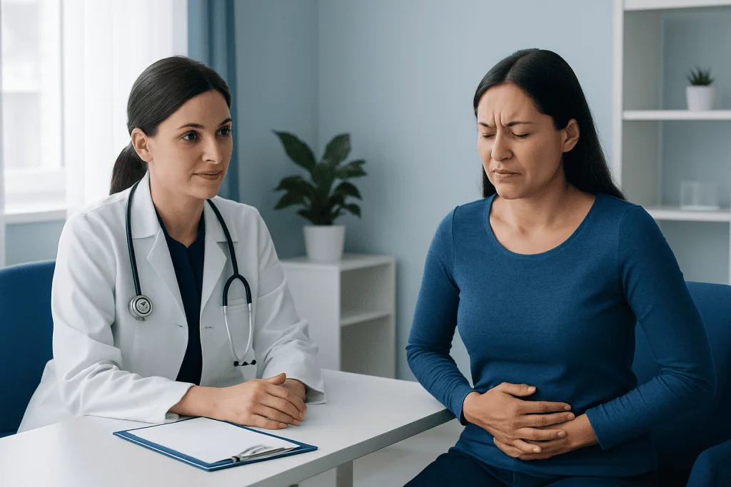 Doctor consulting with a woman experiencing stomach pain in a medical office.
