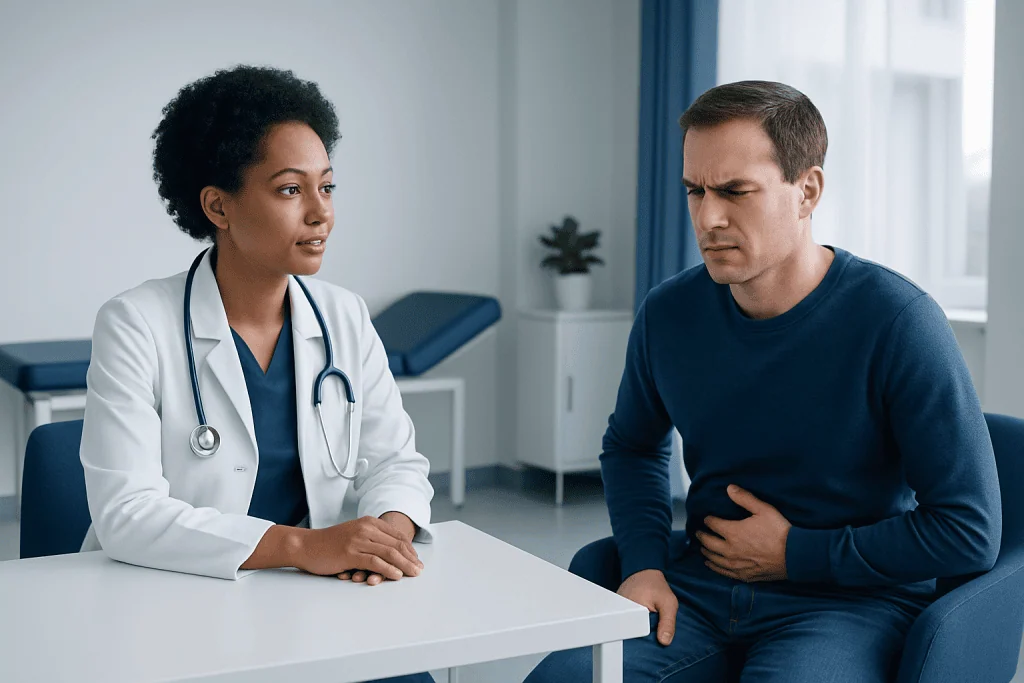 Doctor consulting with a male patient about stomach pain in a clinic.