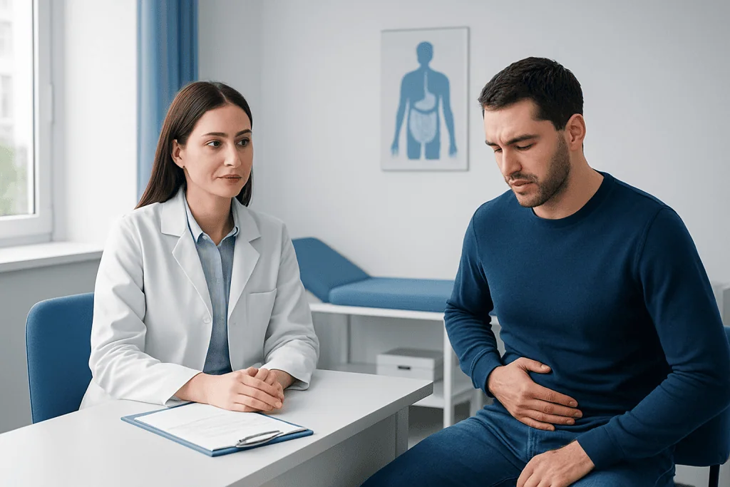 Doctor consulting a patient with stomach pain in a medical office.