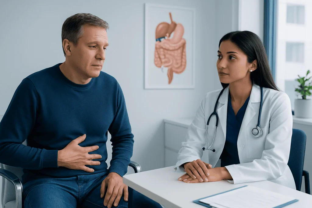 Doctor consulting with a patient about digestive health in a clinic setting.