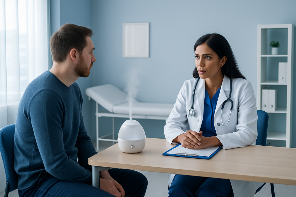 Doctor explaining benefits of home humidifiers to patient in clinic.