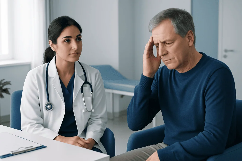 Doctor consulting with a patient experiencing headache or dizziness.