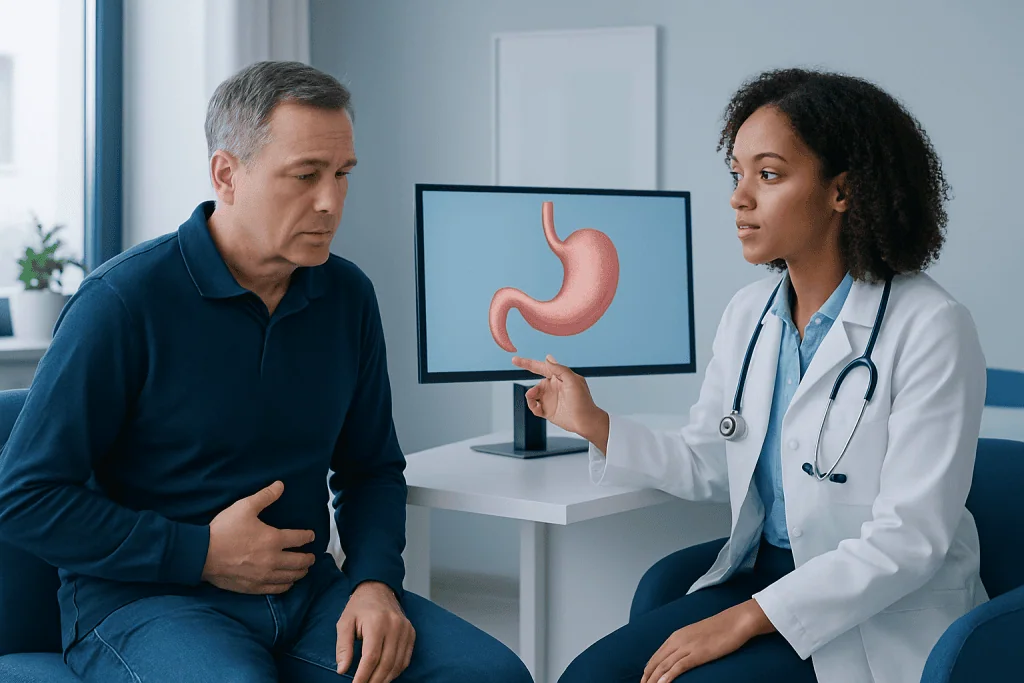 Doctor explaining stomach anatomy to patient in medical consultation room.