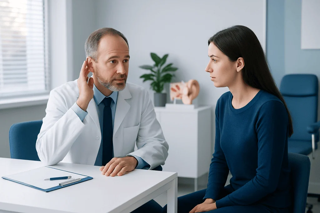 Doctor consulting with a patient about ear and balance health issues.