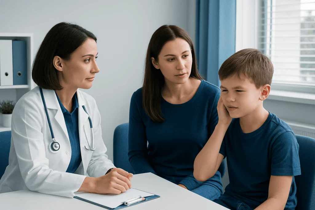 Doctor examining child's ear during consultation at Acibadem Hospital.