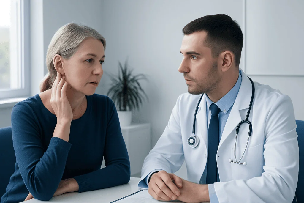 Doctor consulting with a female patient in a medical office.