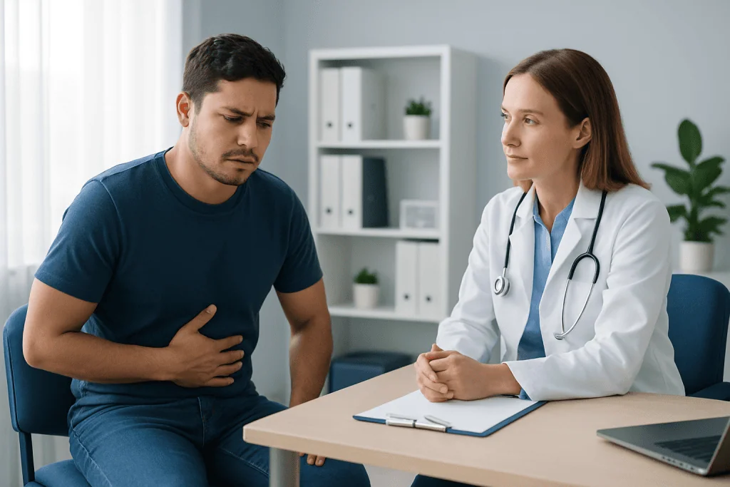 Doctor consulting with a patient experiencing stomach pain in a medical office.