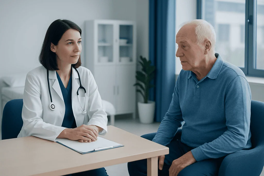 Doctor consulting elderly patient in a medical office.
